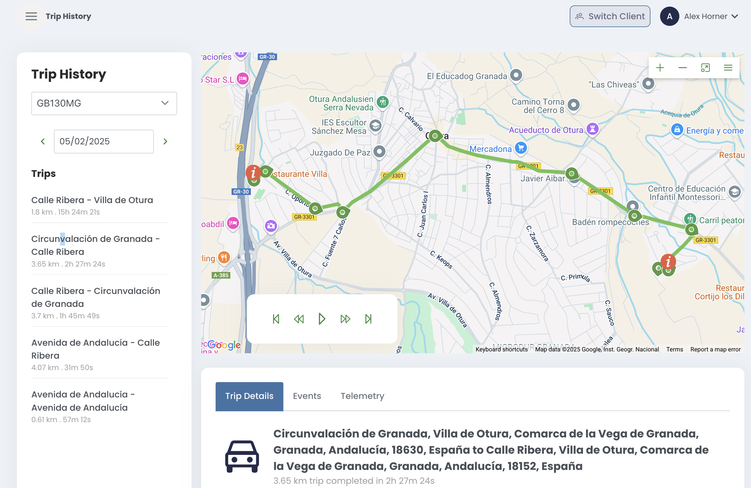 FleetAtom trip history and route replay screen